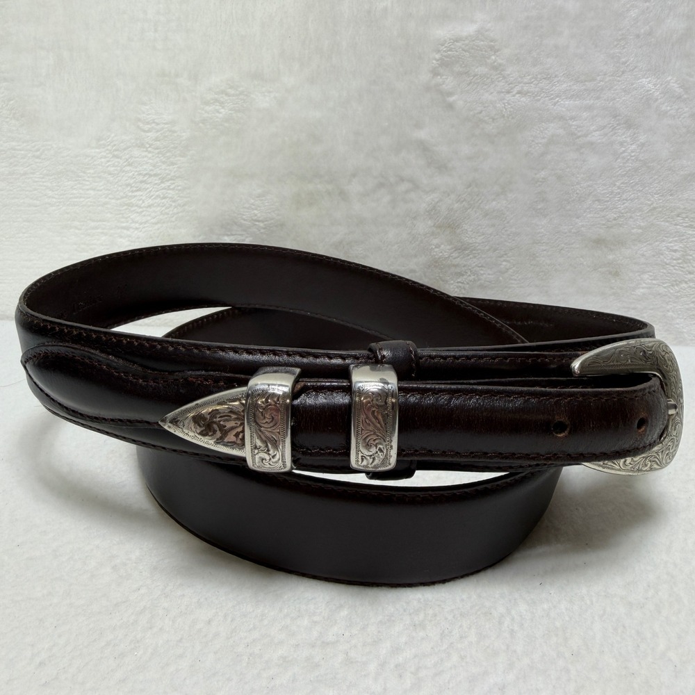 Mens Dark Brown Leather Dress Belt Silver Buckle Stitched Edge Classic Formal 44